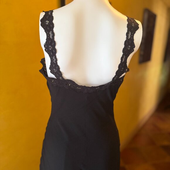Y2K! RARE! Vintage Bebe Black Silk Slip Dress with Lace & Rhinestone – Size S - Picture 6 of 11